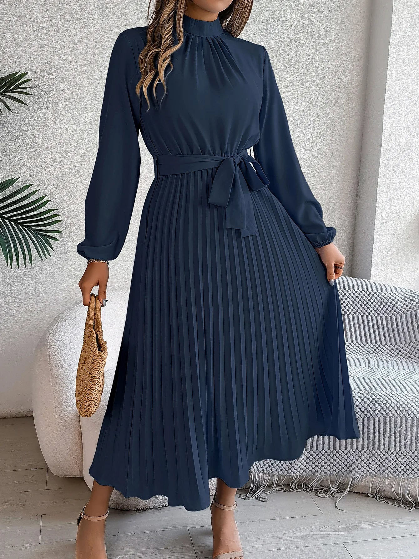 Grace Pleated Belted Midi Dress – Vohran