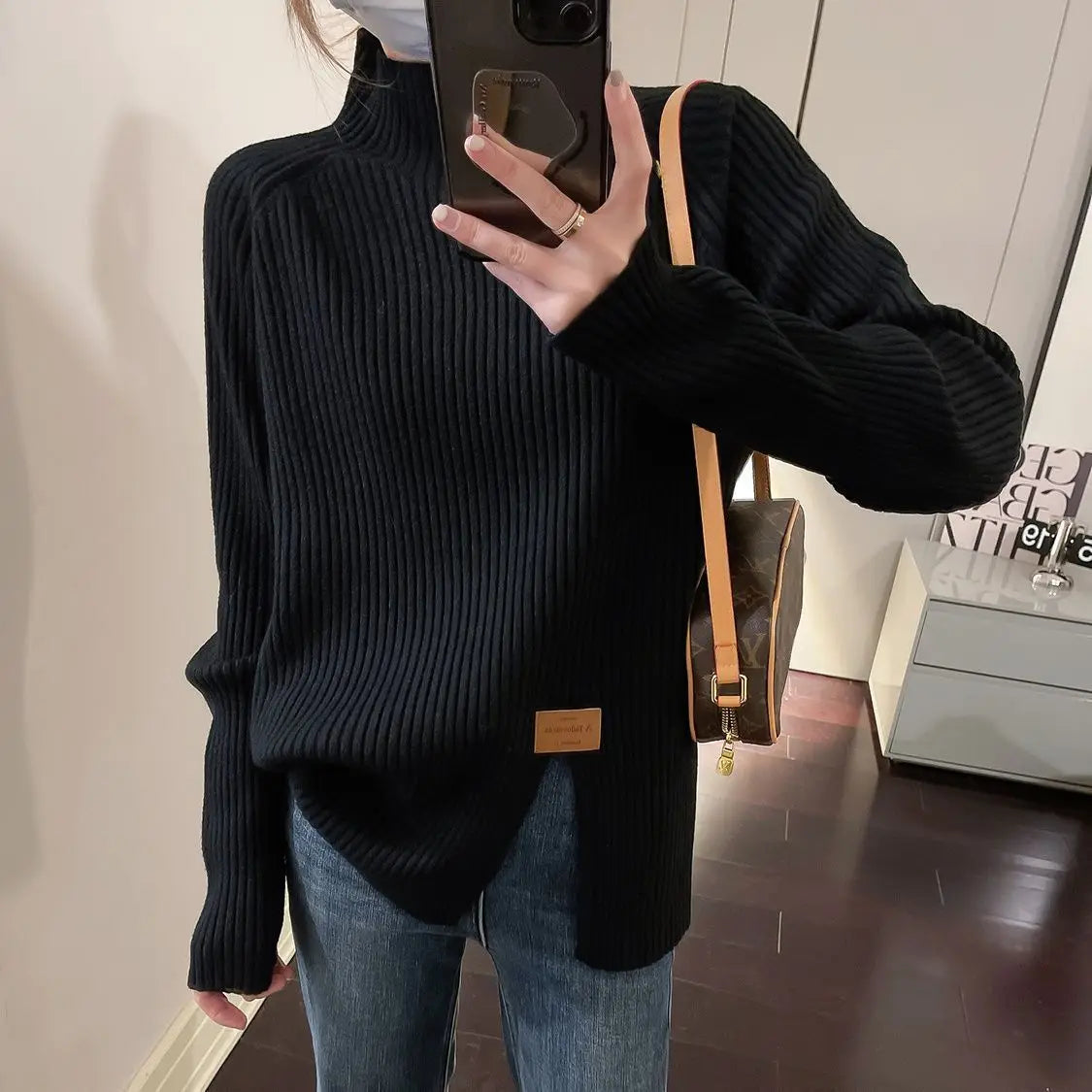 Women Clothing Casual Loose Long Sleeve Knit Pullover Autumn Winter Elegant Chic Slit Sweater Lady All-match Mock Neck Loose Top