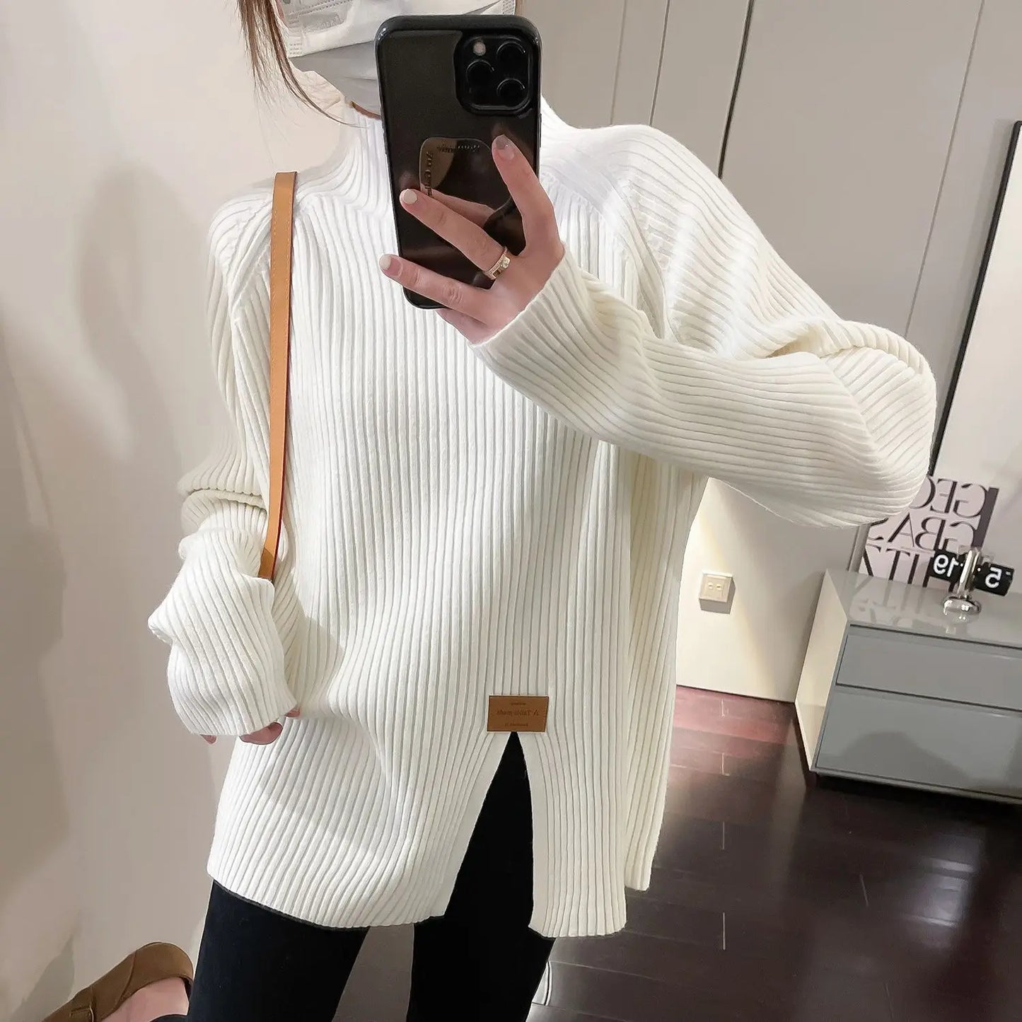 Women Clothing Casual Loose Long Sleeve Knit Pullover Autumn Winter Elegant Chic Slit Sweater Lady All-match Mock Neck Loose Top
