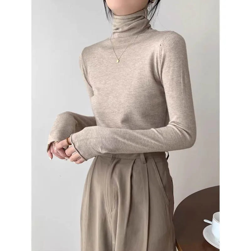 Women's Clothing Elegant Fashion Solid Turtleneck Sweaters Autumn Winter Korean Version Chic Solid Knit Pullovers Lady Pullovers