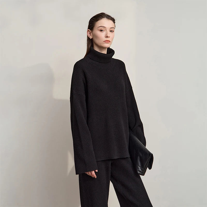 Winter Knit Co-ord Set with Turtleneck Sweater & Wide-Leg Pants