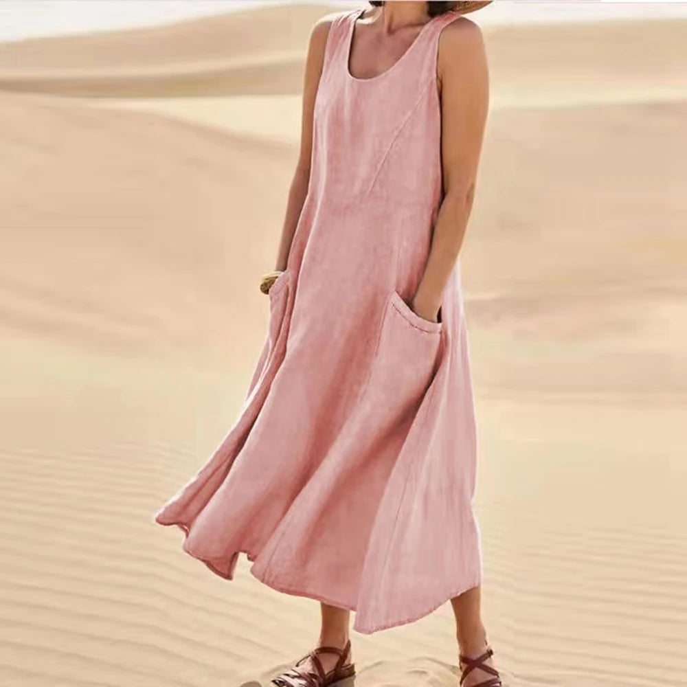 Sleeveless Linen Maxi Dress with Pockets – Vohran
