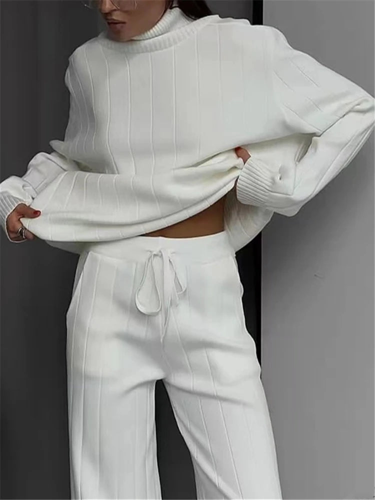 REALEFT Autumn Winter 2 Pieces White Women's Sets Knitted Tracksuit Turtleneck Sweater and Straight Jogging Pant Suits 2023 New
