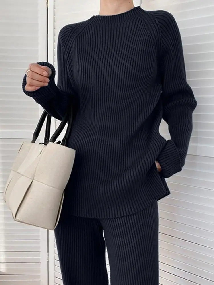 Ribbed Knit Sweater & Straight-Leg Trousers Co-ord