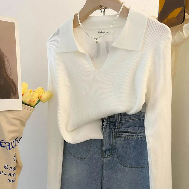 Women Clothing Vintage Fashion Solid Turn-down Collar Pullovers Autumn Winter Casual Long Sleeve Knit Top Elegant Chic Sweaters