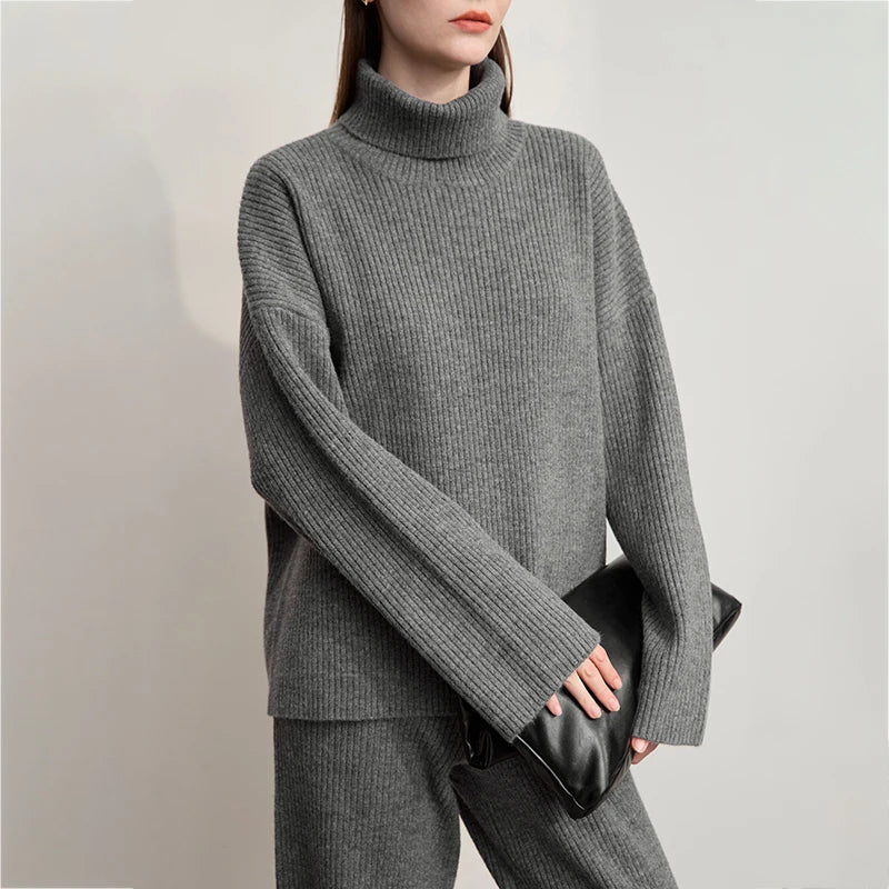 Winter Knit Co-ord Set with Turtleneck Sweater & Wide-Leg Pants