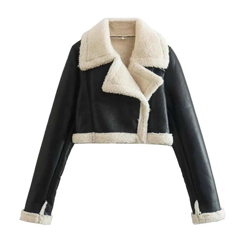 Autumn/winter New Style European American Double-sided Loose Fit Zippered Cropped Jacket Women's Leather One-piece Jacket