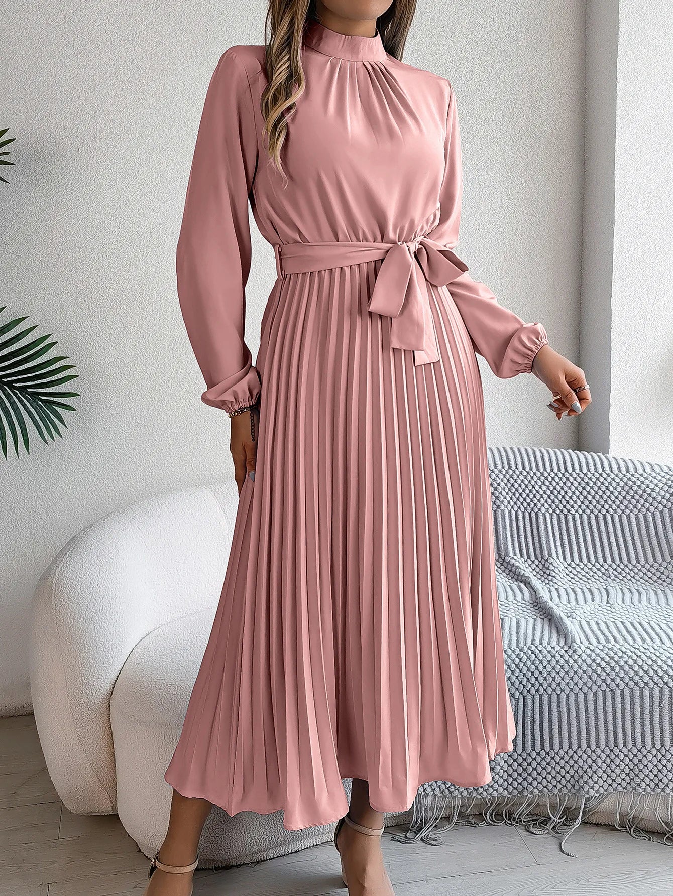 Grace Pleated Belted Midi Dress – Vohran