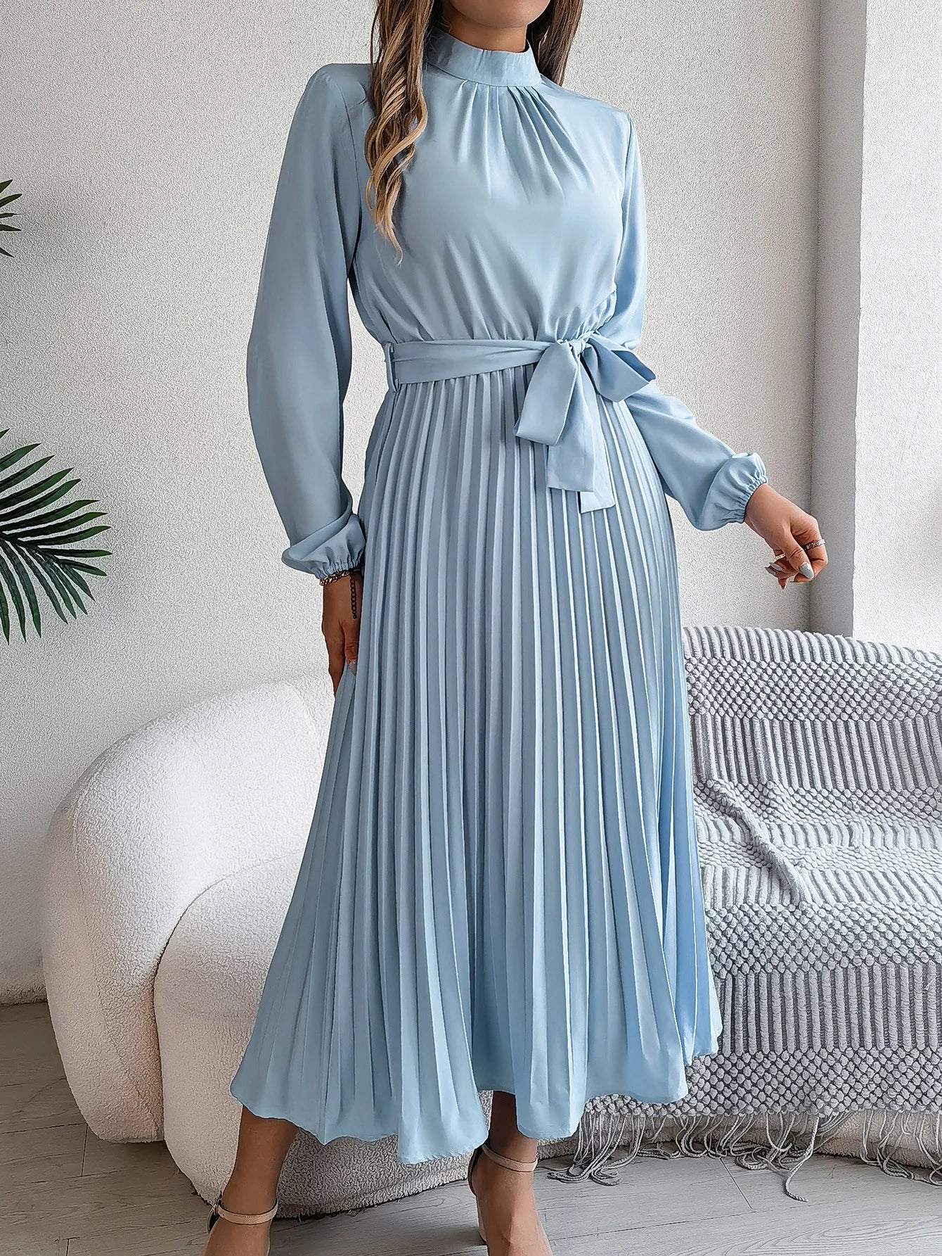 Grace Pleated Belted Midi Dress – Vohran