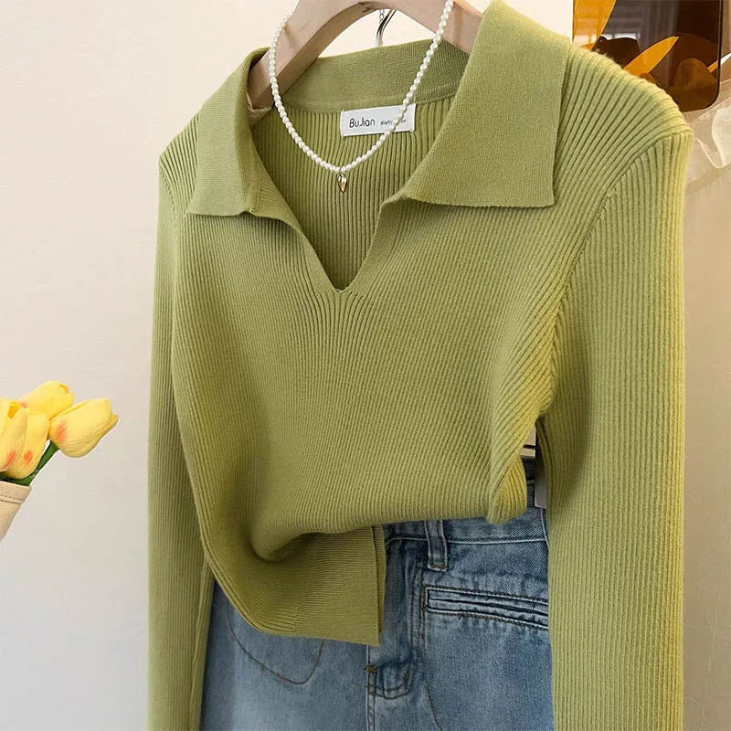 Women Clothing Vintage Fashion Solid Turn-down Collar Pullovers Autumn Winter Casual Long Sleeve Knit Top Elegant Chic Sweaters