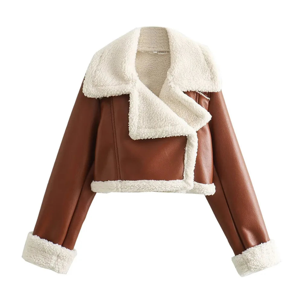 Autumn/winter New Style European American Double-sided Loose Fit Zippered Cropped Jacket Women's Leather One-piece Jacket