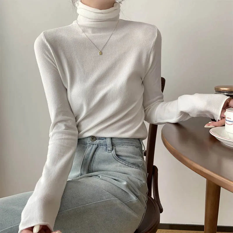 Women's Clothing Elegant Fashion Solid Turtleneck Sweaters Autumn Winter Korean Version Chic Solid Knit Pullovers Lady Pullovers