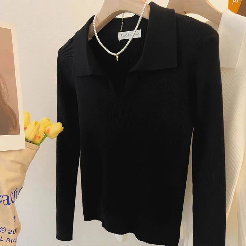 Women Clothing Vintage Fashion Solid Turn-down Collar Pullovers Autumn Winter Casual Long Sleeve Knit Top Elegant Chic Sweaters