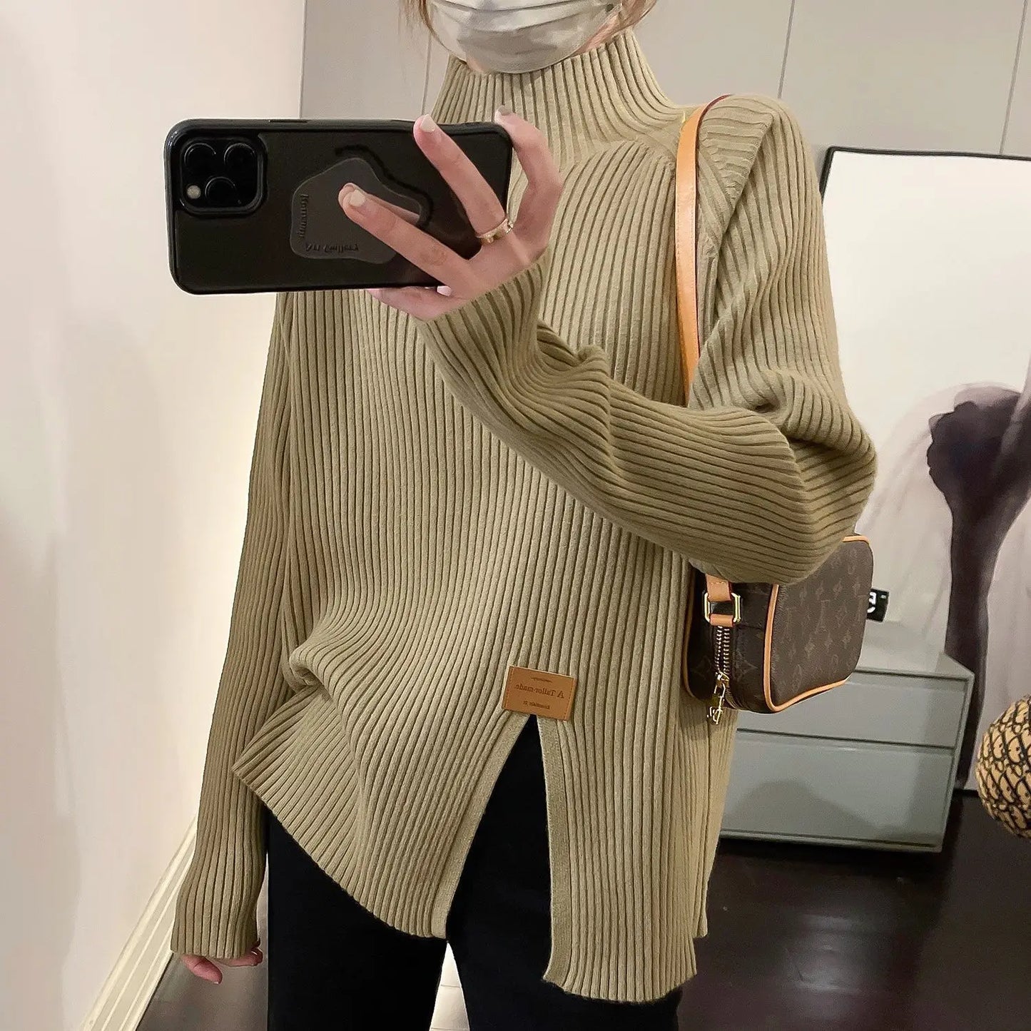 Women Clothing Casual Loose Long Sleeve Knit Pullover Autumn Winter Elegant Chic Slit Sweater Lady All-match Mock Neck Loose Top