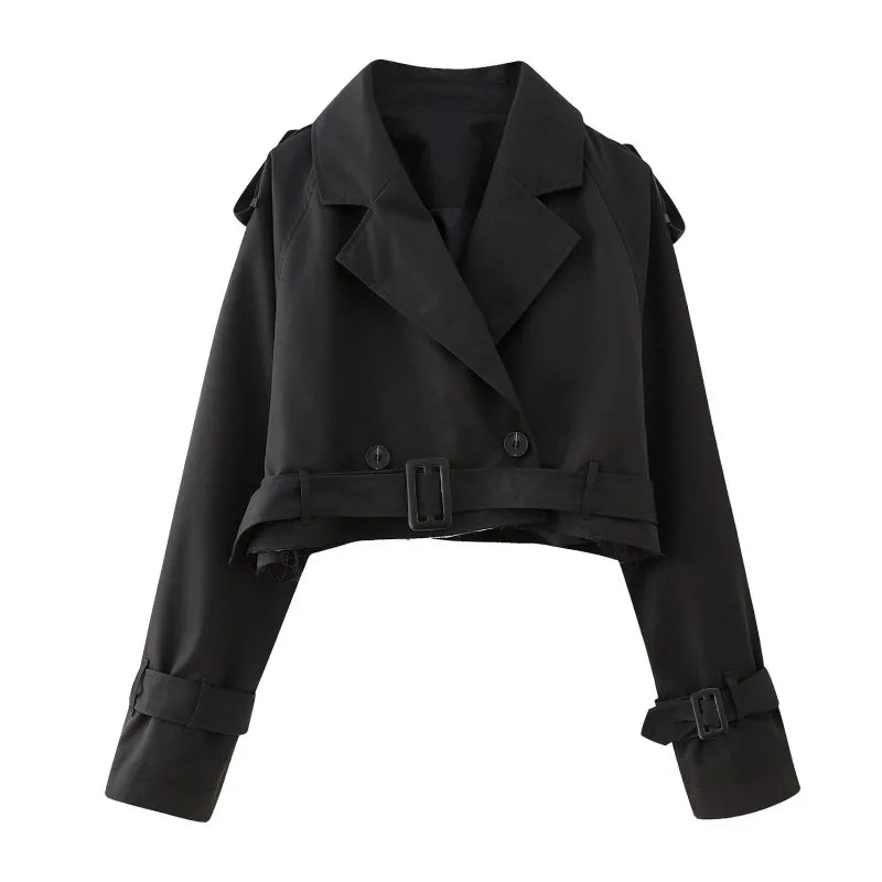 Women Fashion With Belt Cropped Trench Jacket Vintage Notched Neck Long Sleeve Female Chic Lady Coat Outfits