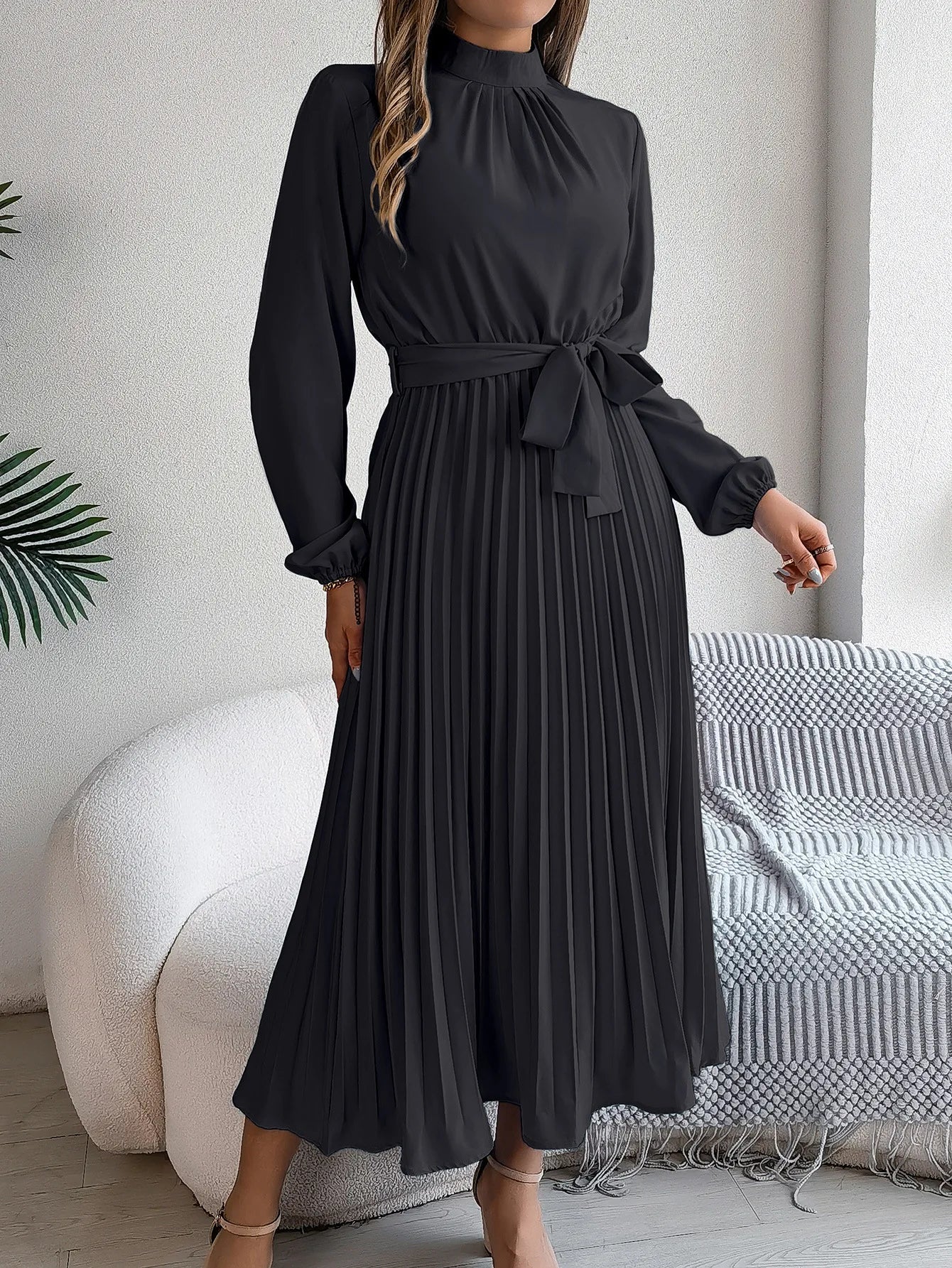 Grace Pleated Belted Midi Dress – Vohran