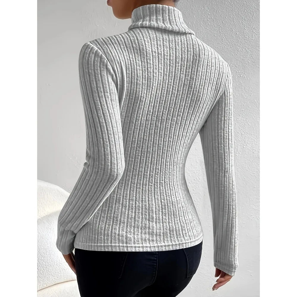 Plus Size 1XL-5XL Women's Slim Fit Ribbed Knit Turtleneck Knitted Sweater Long Sleeve Light Gray Elegant Versatile Pullover Top