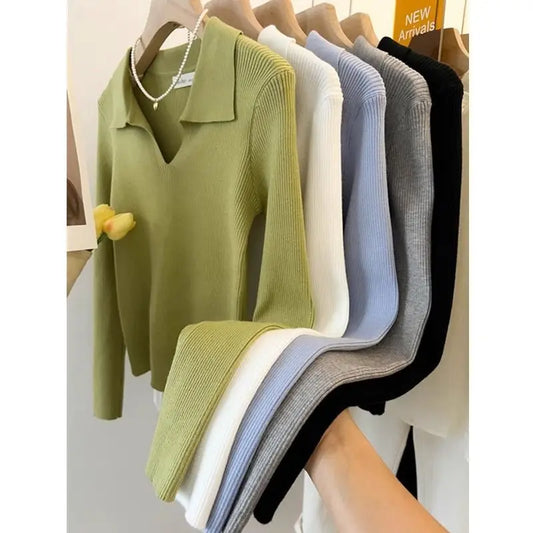 Women Clothing Vintage Fashion Solid Turn-down Collar Pullovers Autumn Winter Casual Long Sleeve Knit Top Elegant Chic Sweaters