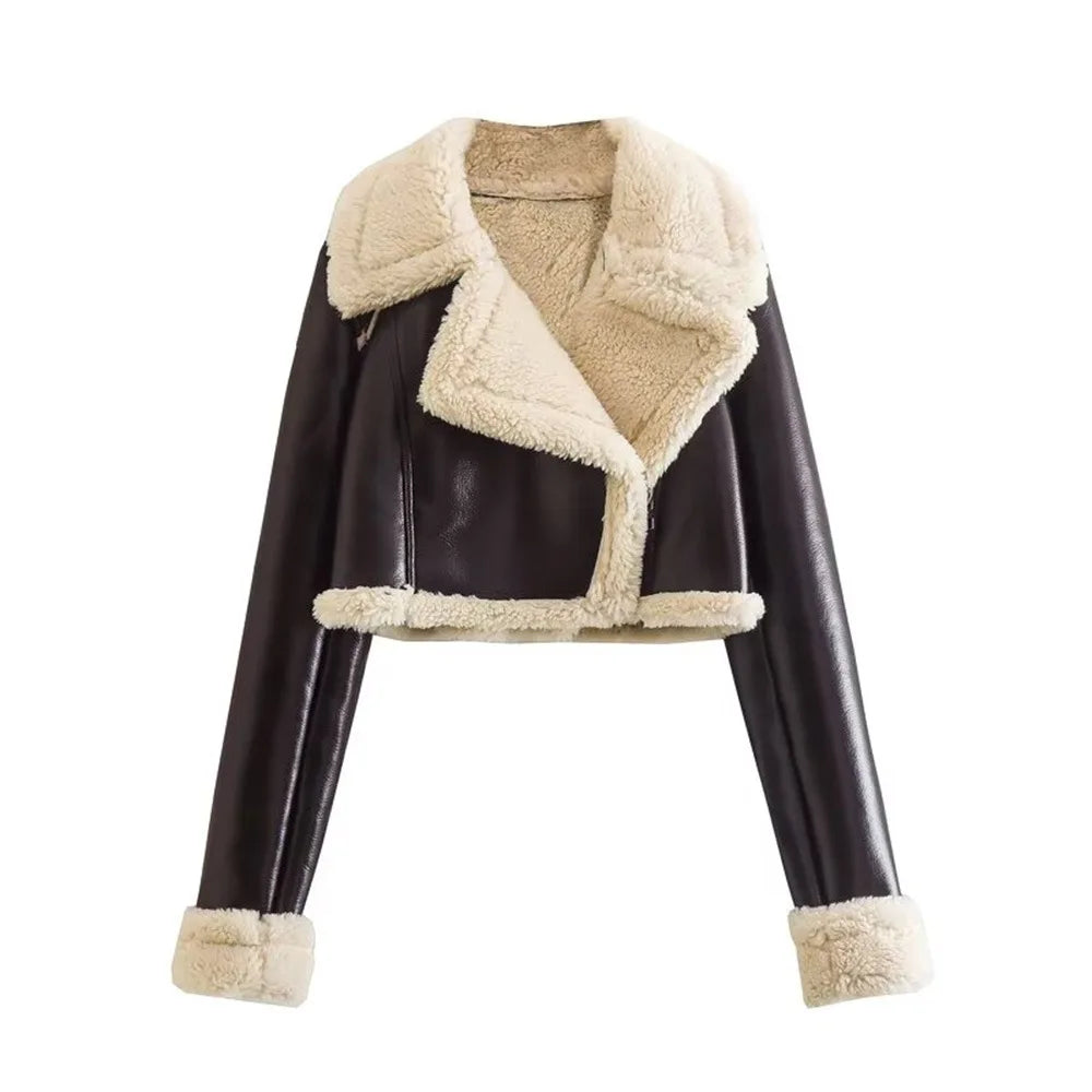 Autumn/winter New Style European American Double-sided Loose Fit Zippered Cropped Jacket Women's Leather One-piece Jacket