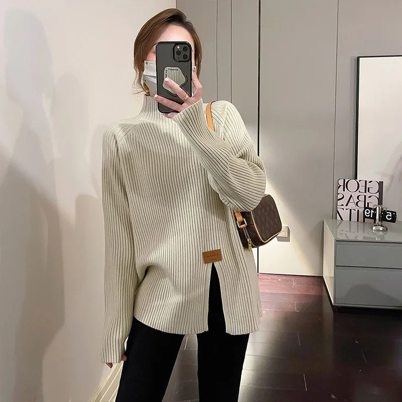 Women Clothing Casual Loose Long Sleeve Knit Pullover Autumn Winter Elegant Chic Slit Sweater Lady All-match Mock Neck Loose Top