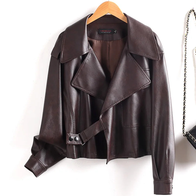 New Women Loose Split Leather Jacket Spring Autumn Fashion Wide-lapel Long Sleeve Leather Coat Casual Short Coat Female