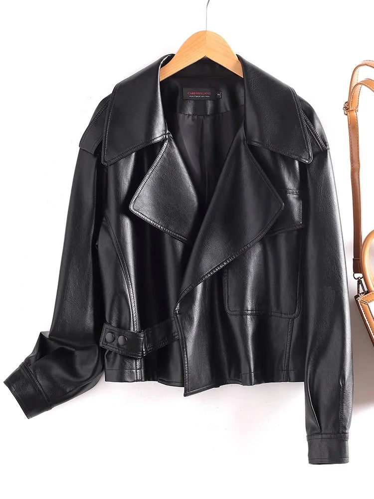 New Women Loose Split Leather Jacket Spring Autumn Fashion Wide-lapel Long Sleeve Leather Coat Casual Short Coat Female