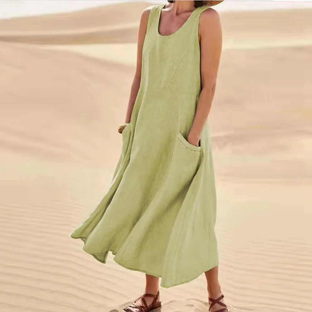 Sleeveless Linen Maxi Dress with Pockets – Vohran