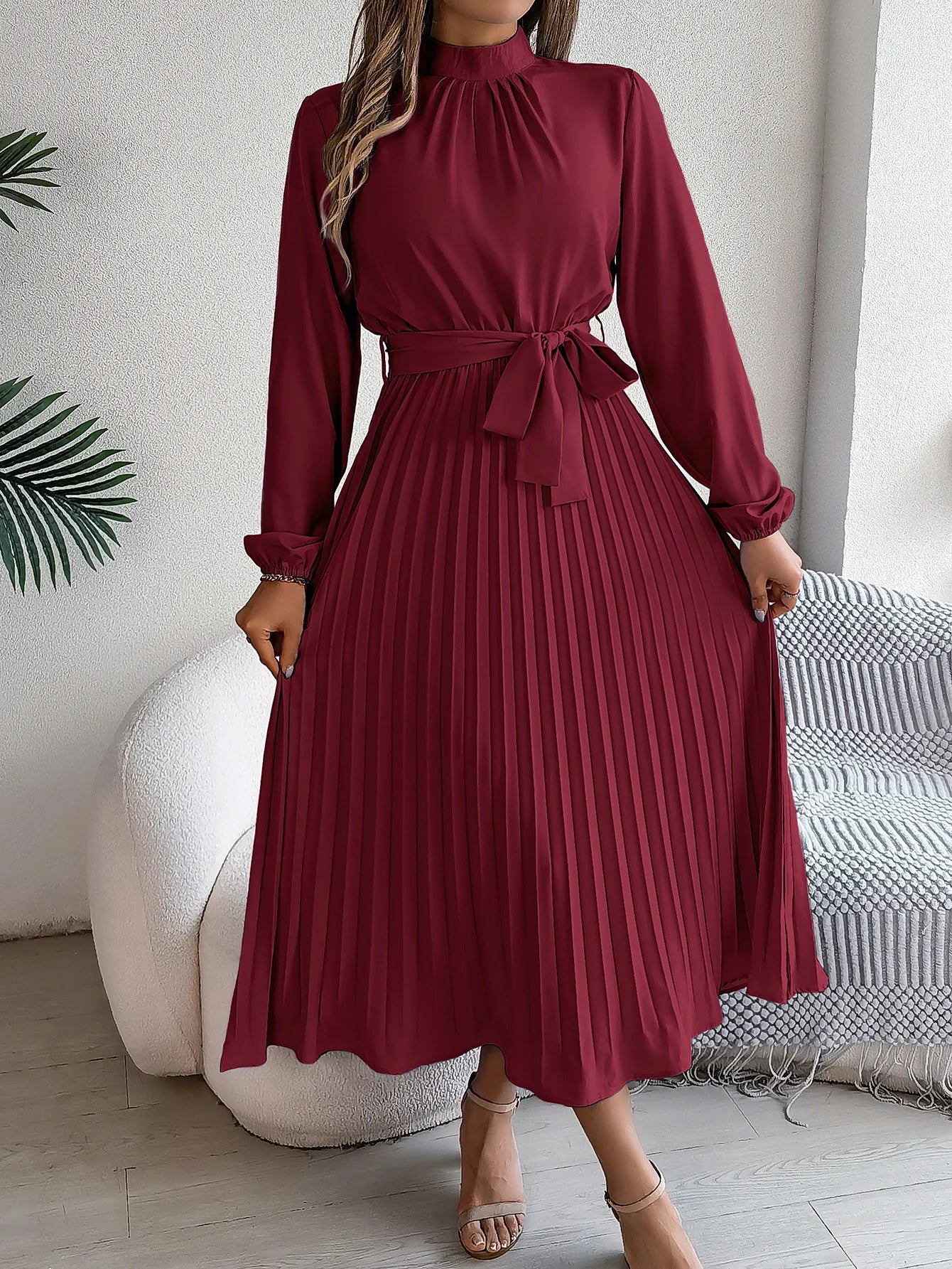 Grace Pleated Belted Midi Dress – Vohran