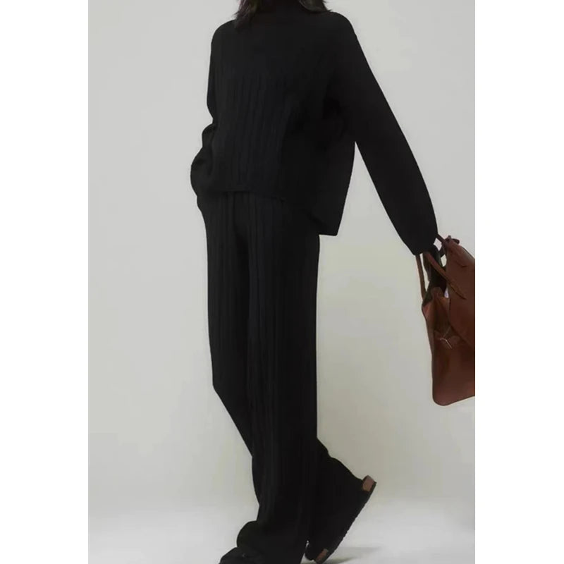 REALEFT Autumn Winter 2 Pieces White Women's Sets Knitted Tracksuit Turtleneck Sweater and Straight Jogging Pant Suits 2023 New