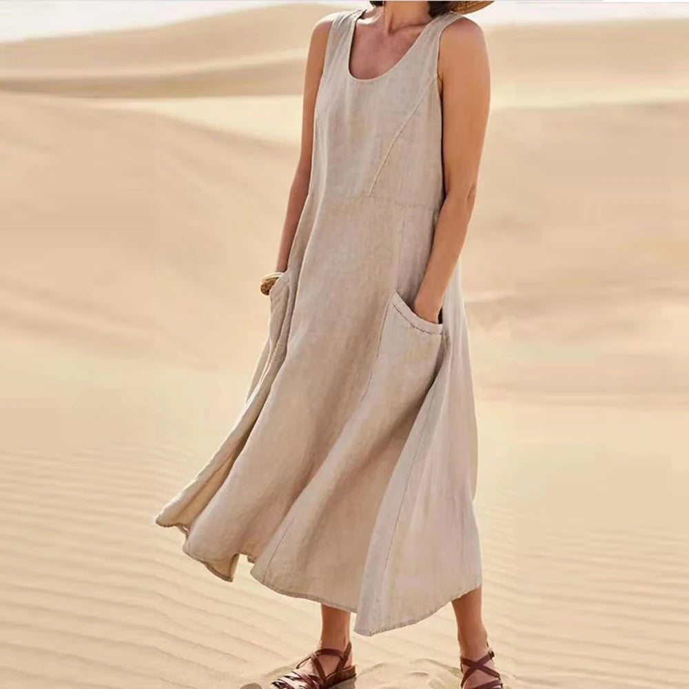 Sleeveless Linen Maxi Dress with Pockets – Vohran