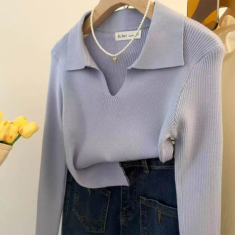 Women Clothing Vintage Fashion Solid Turn-down Collar Pullovers Autumn Winter Casual Long Sleeve Knit Top Elegant Chic Sweaters