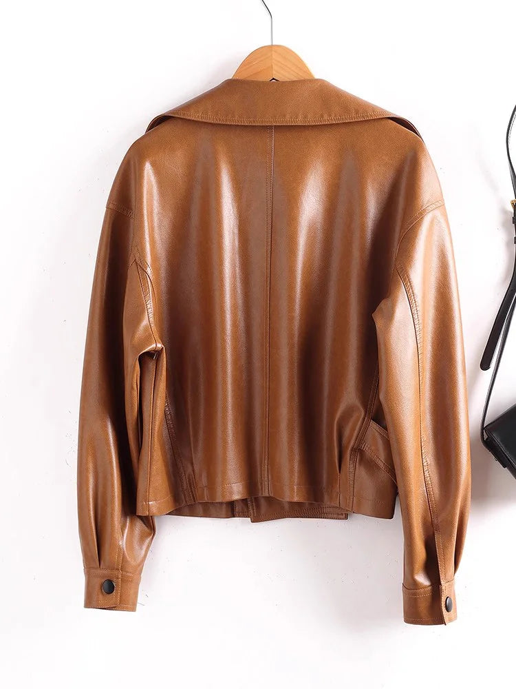 New Women Loose Split Leather Jacket Spring Autumn Fashion Wide-lapel Long Sleeve Leather Coat Casual Short Coat Female