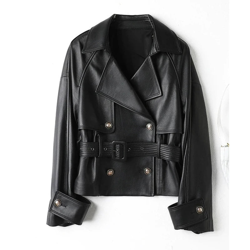 2025 outono shorts de couro genuíno jaqueta casual feminino elegante trespassado rendas cinto feminino a-nível casacos de pele de carneiro topos