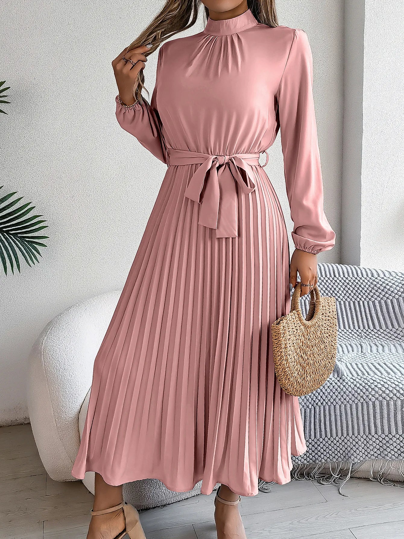 Grace Pleated Belted Midi Dress – Vohran