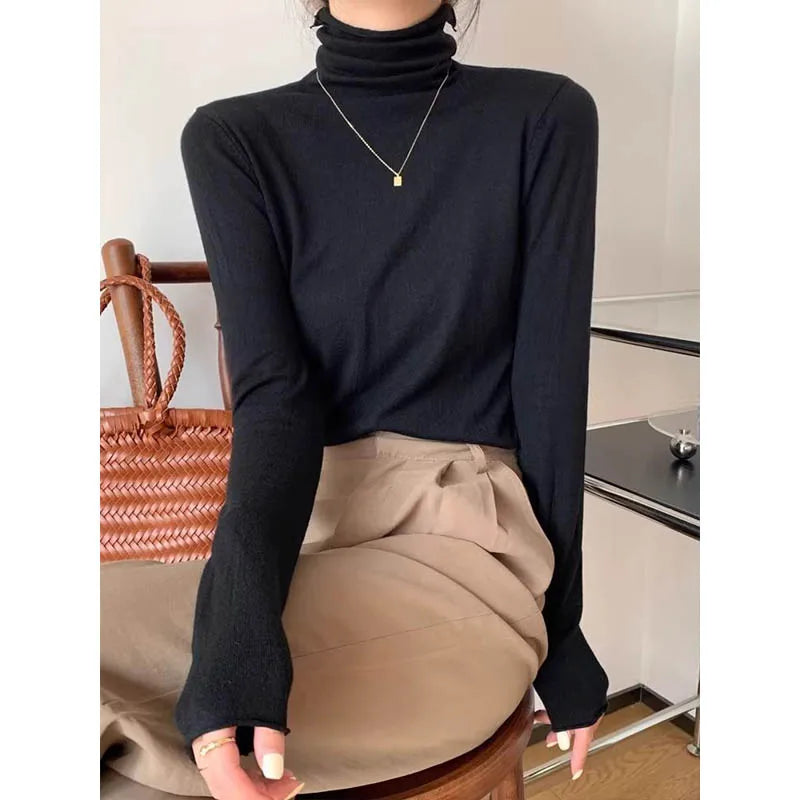 Women's Clothing Elegant Fashion Solid Turtleneck Sweaters Autumn Winter Korean Version Chic Solid Knit Pullovers Lady Pullovers