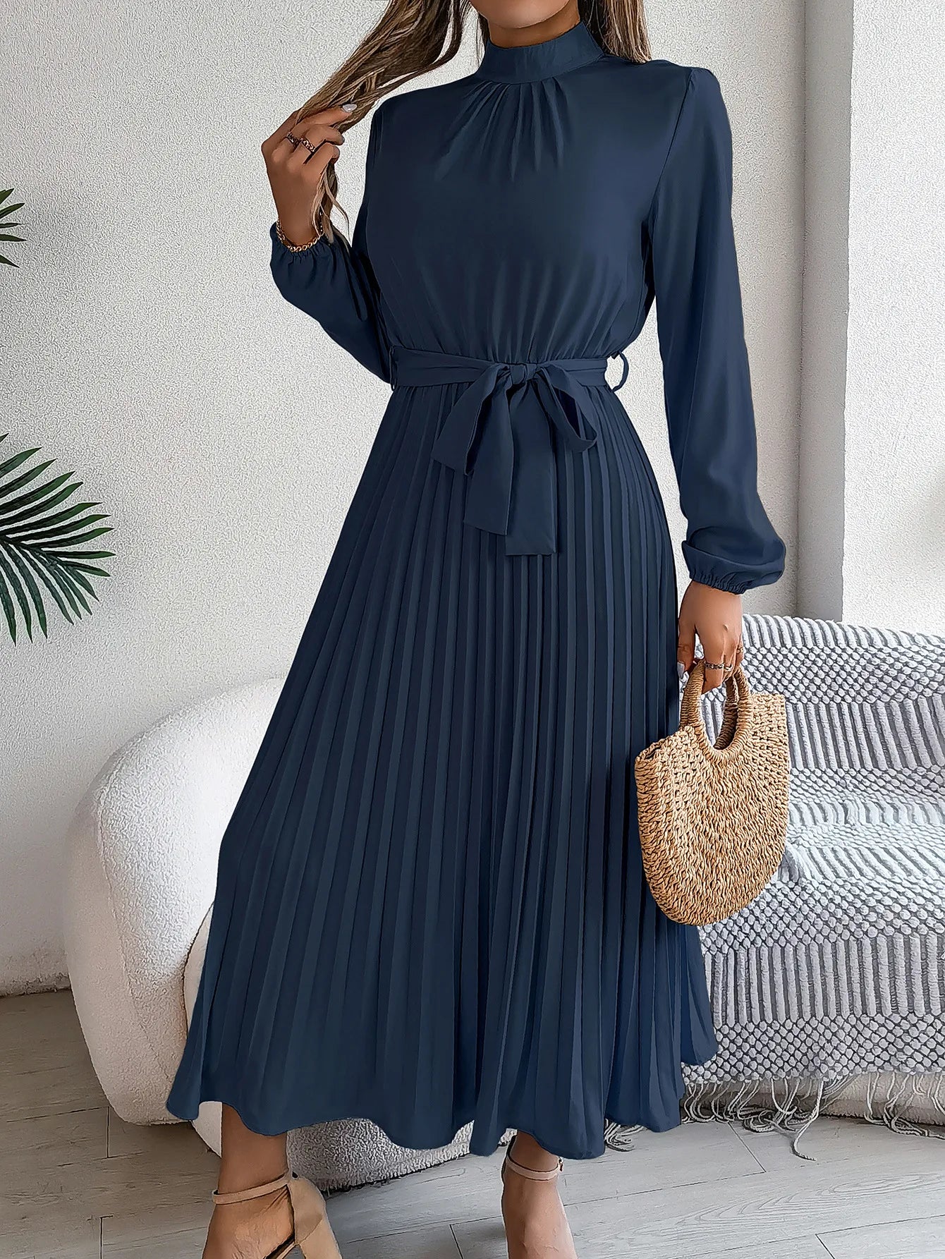 Grace Pleated Belted Midi Dress – Vohran