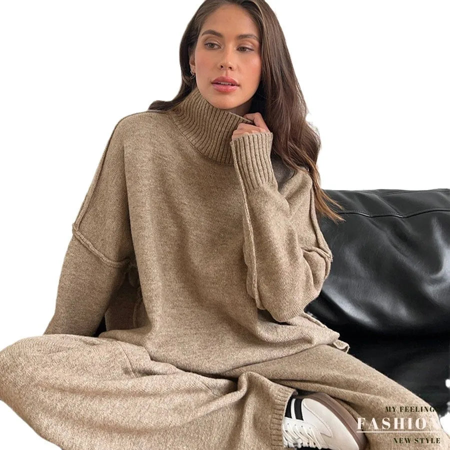2025 Turtleneck Sweater Set Women's European, American Autumn And Winter New Loose Casual Lazy Thickened Knitted Trousers Sets