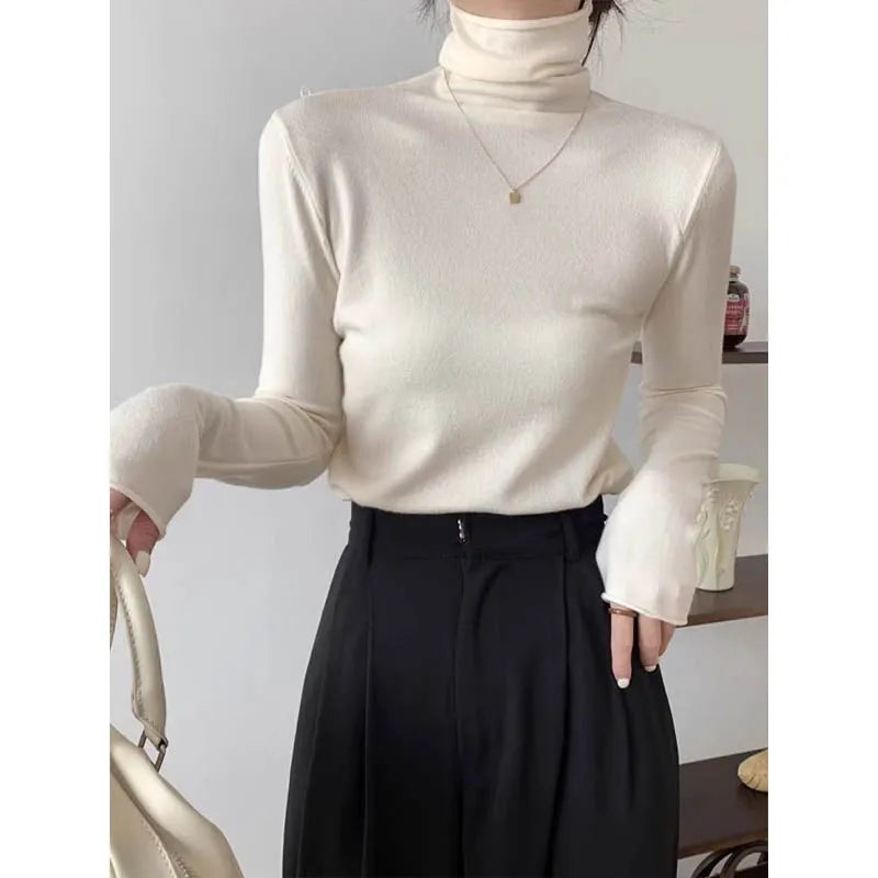 Women's Clothing Elegant Fashion Solid Turtleneck Sweaters Autumn Winter Korean Version Chic Solid Knit Pullovers Lady Pullovers