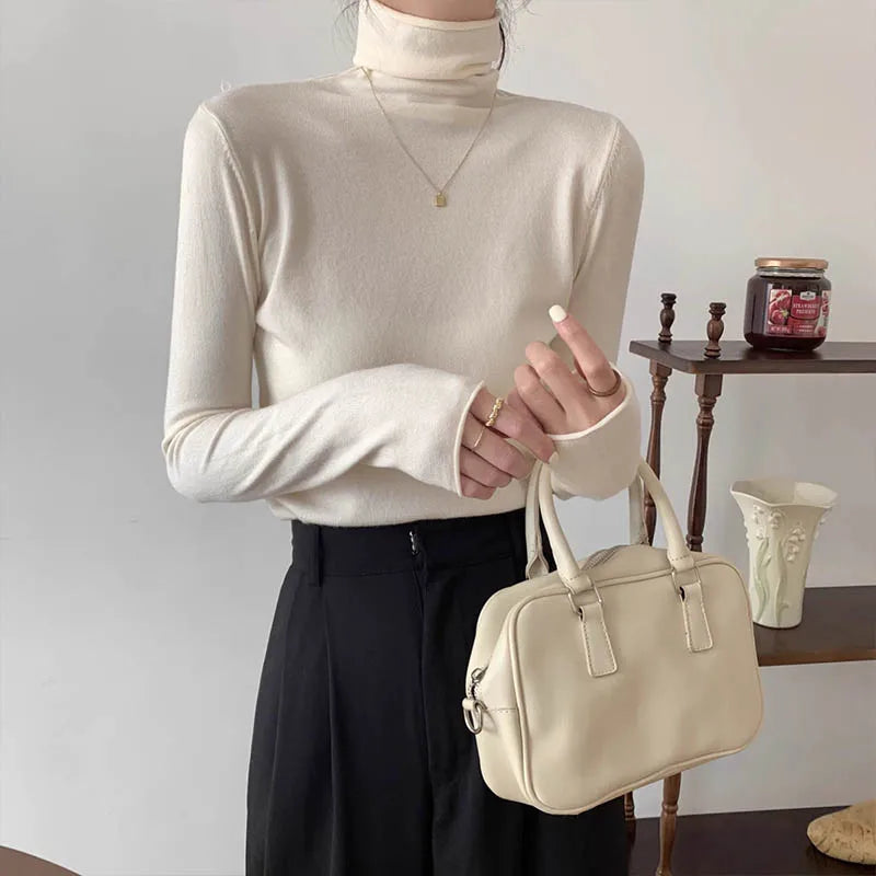 Women's Clothing Elegant Fashion Solid Turtleneck Sweaters Autumn Winter Korean Version Chic Solid Knit Pullovers Lady Pullovers