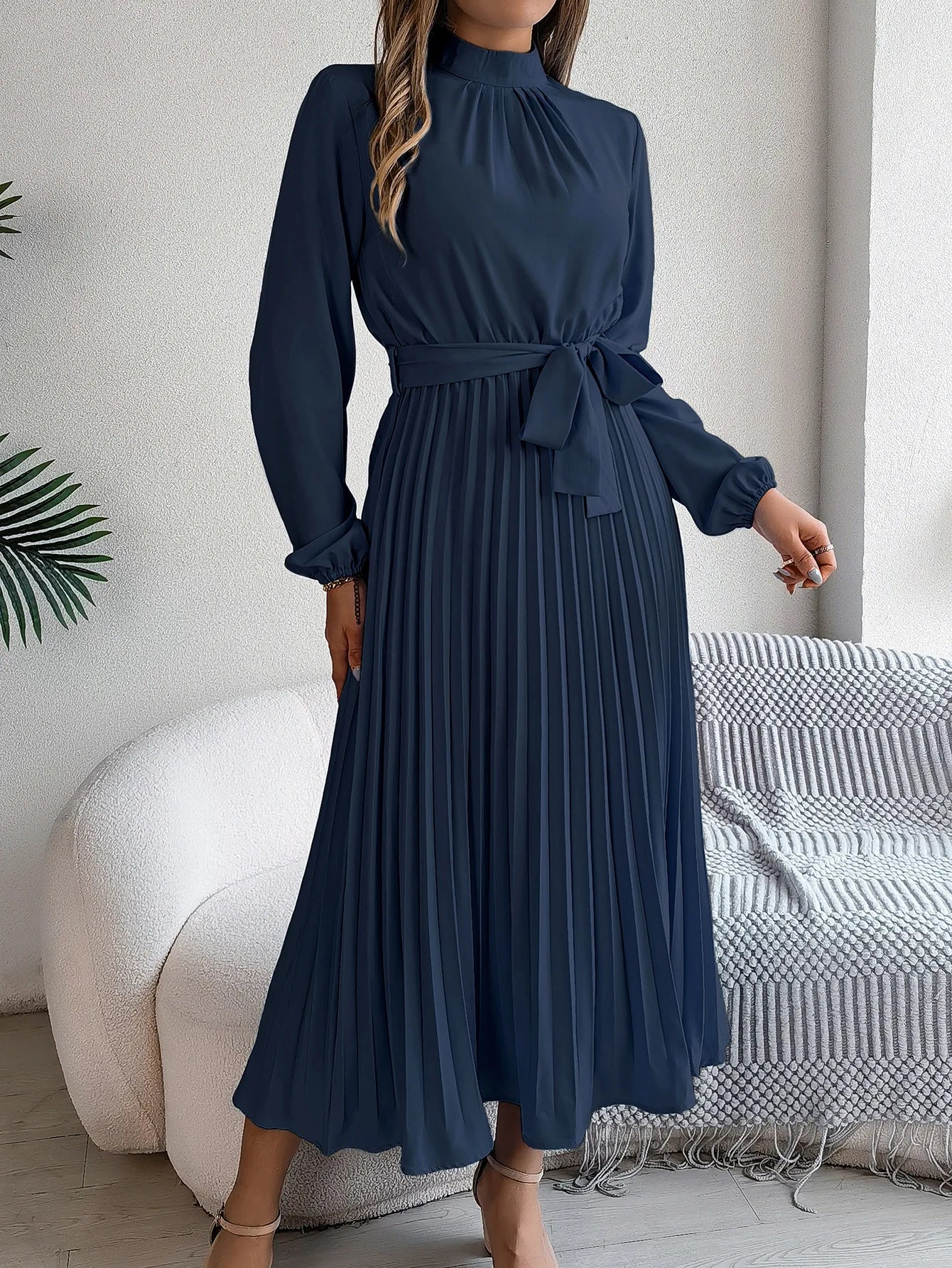 Grace Pleated Belted Midi Dress – Vohran