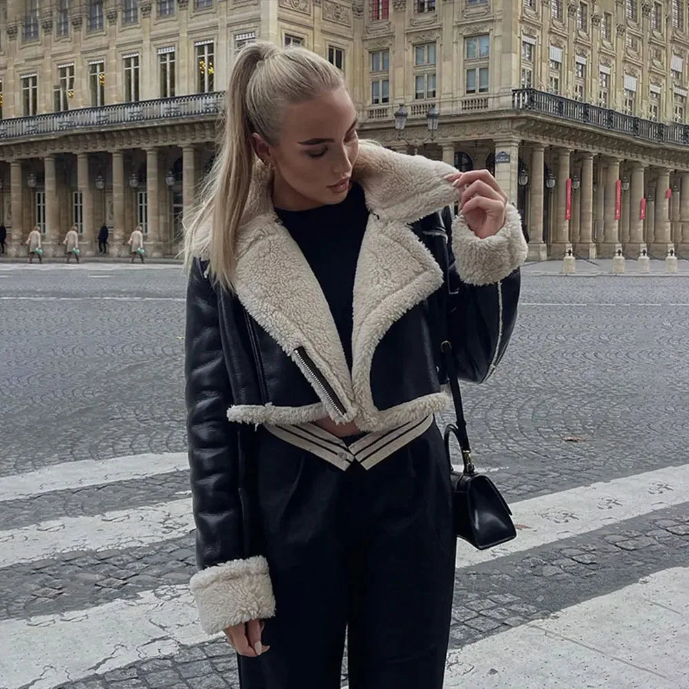 Autumn/winter New Style European American Double-sided Loose Fit Zippered Cropped Jacket Women's Leather One-piece Jacket