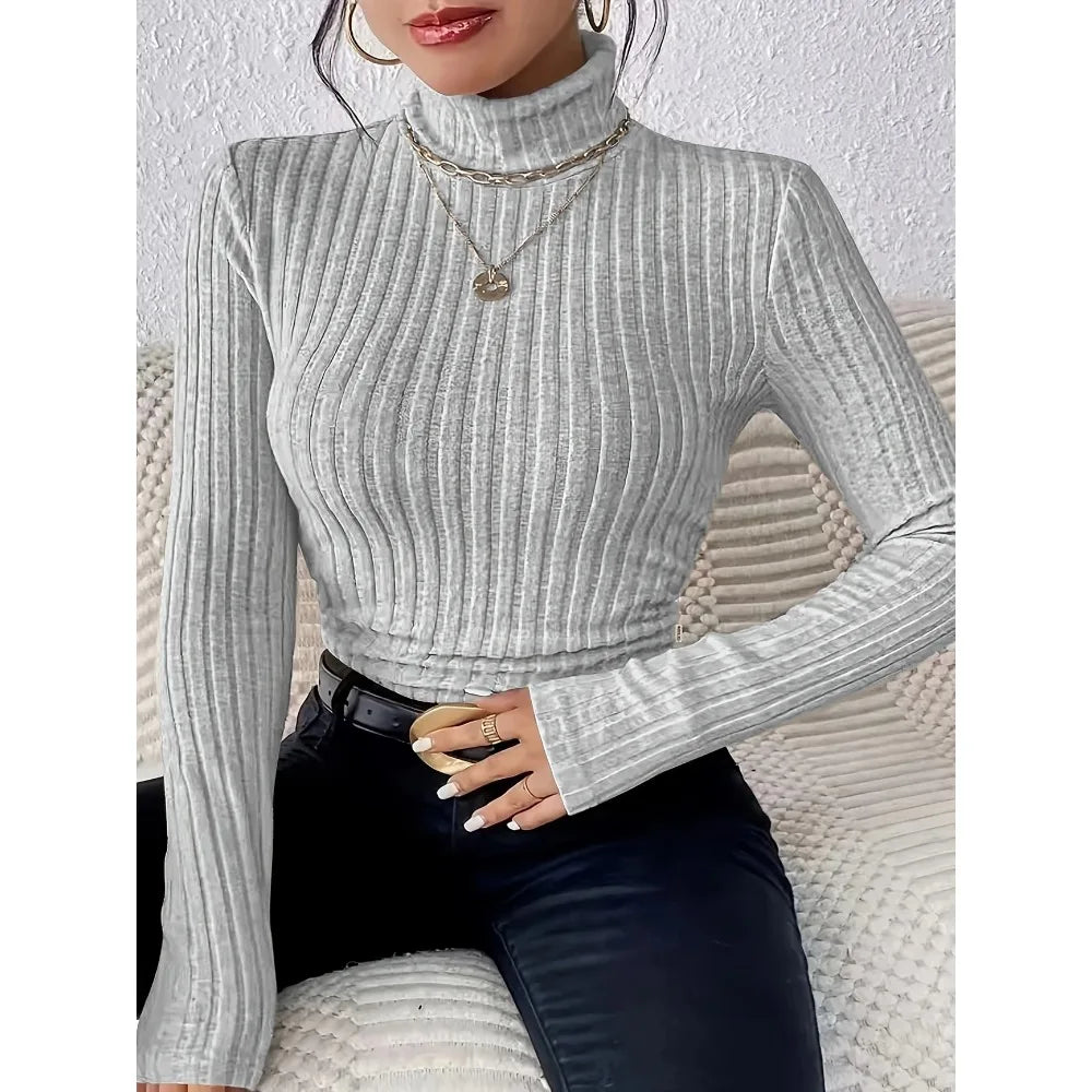 Plus Size 1XL-5XL Women's Slim Fit Ribbed Knit Turtleneck Knitted Sweater Long Sleeve Light Gray Elegant Versatile Pullover Top