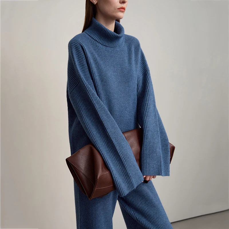 Winter Knit Co-ord Set with Turtleneck Sweater & Wide-Leg Pants