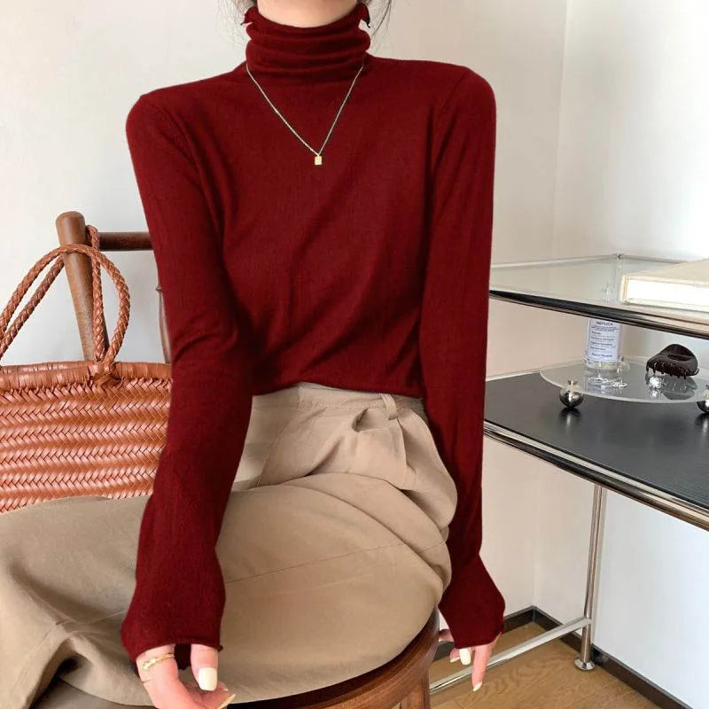 Women's Clothing Elegant Fashion Solid Turtleneck Sweaters Autumn Winter Korean Version Chic Solid Knit Pullovers Lady Pullovers