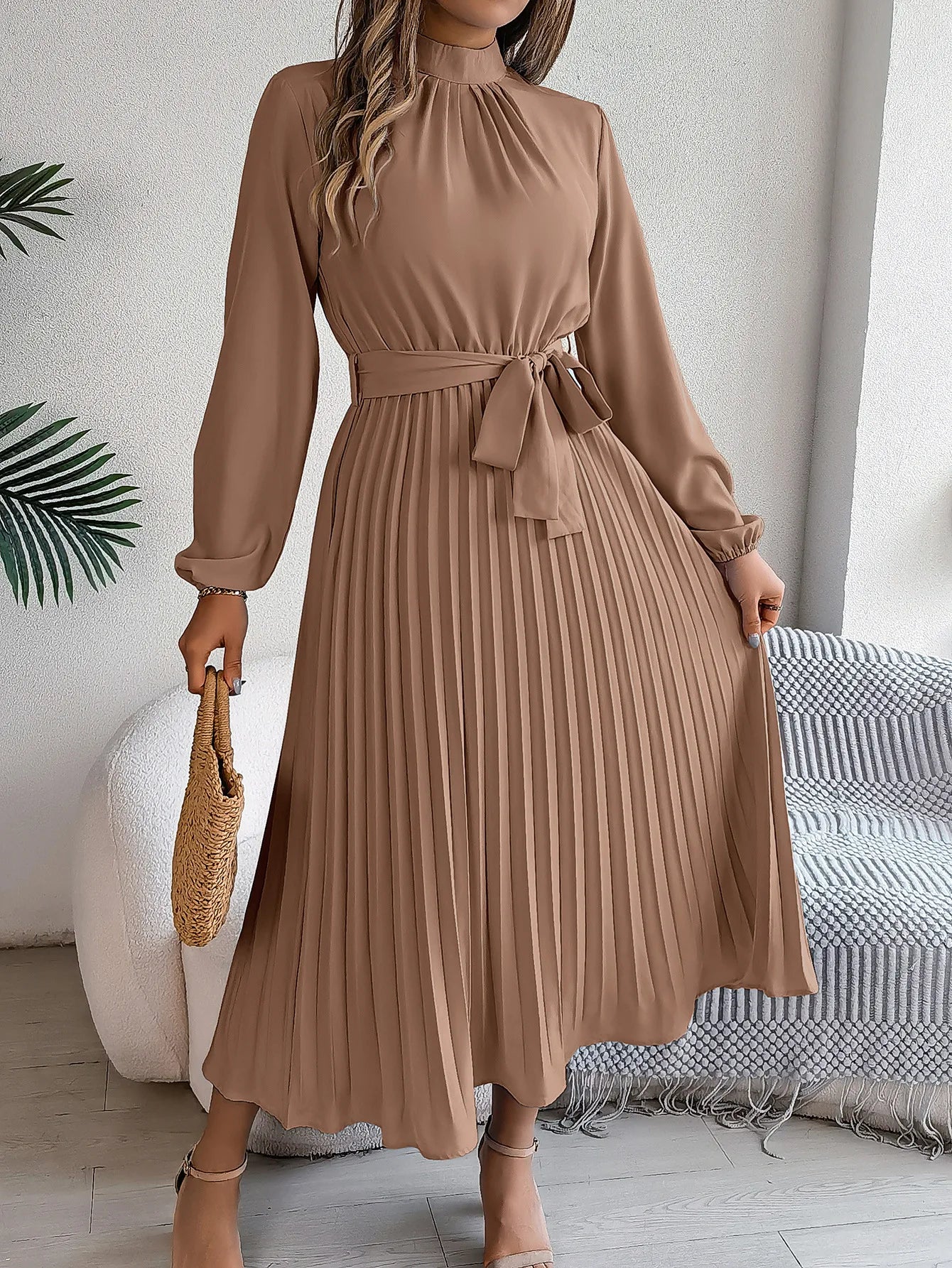 Grace Pleated Belted Midi Dress – Vohran