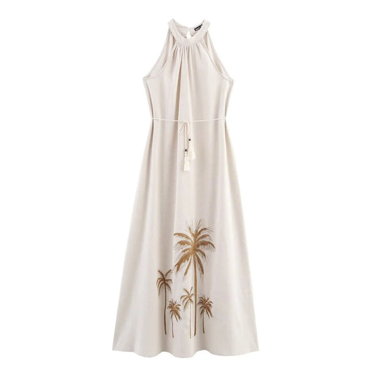 Sleeveless halter neck maxi dress with palm print, available in multiple colours – Vohran.
