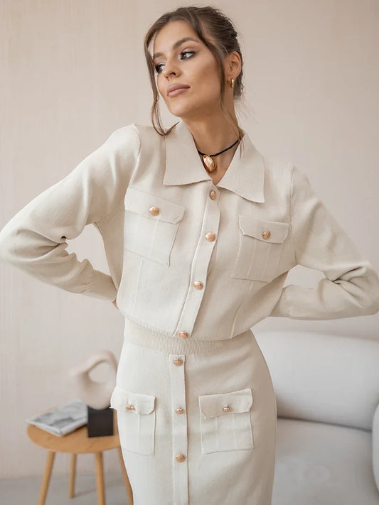 Elegant knit blazer and skirt two-piece set in autumn/winter shades – Vohran