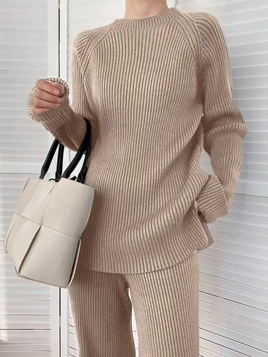 Ribbed knit co-ord with long-sleeve sweater and straight-leg trousers on model