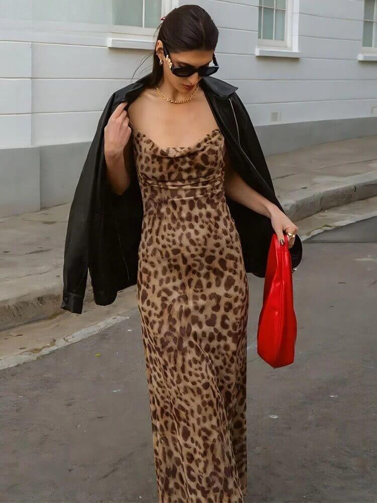 Leopard Print Maxi Dress with Spaghetti Straps