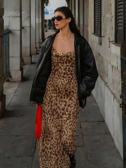 Leopard Print Maxi Dress with Spaghetti Straps